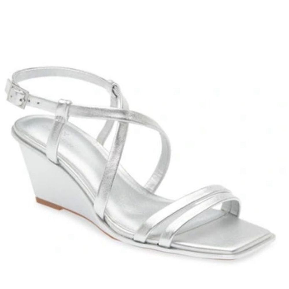Caslon Sandals Womens Size 11 Silver Leather Paola Open Square Toe Wedges